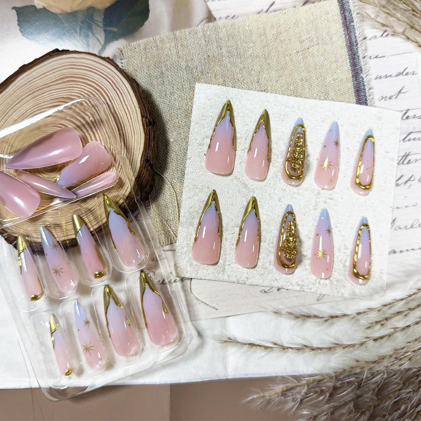 IMRAIN Long Press on Nails Stiletto Nude Blue Gradient Fake Nails 3D Golden Edge French Nail Tips Full Cover Handmade Acrylic Glossy False Nails with Angel Designs 24Pcs Elegant Manicure