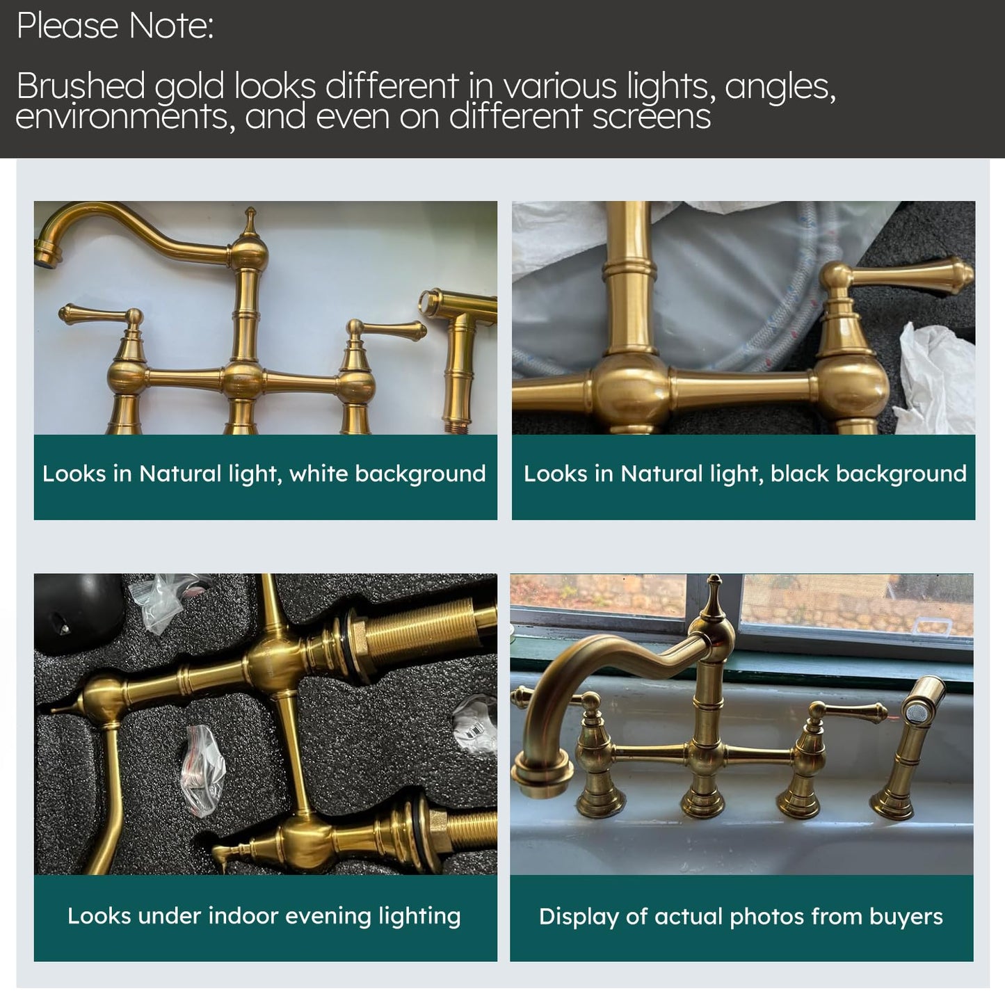 WOWOW Brass Kitchen Faucet Bridge with Side Sprayer, 4 Hole Kitchen Faucet 2 Handle 8 Inch Centerset Gold Faucet for Kitchen Sinks, Heritage Brushed Gold Kitchen Sink Faucet