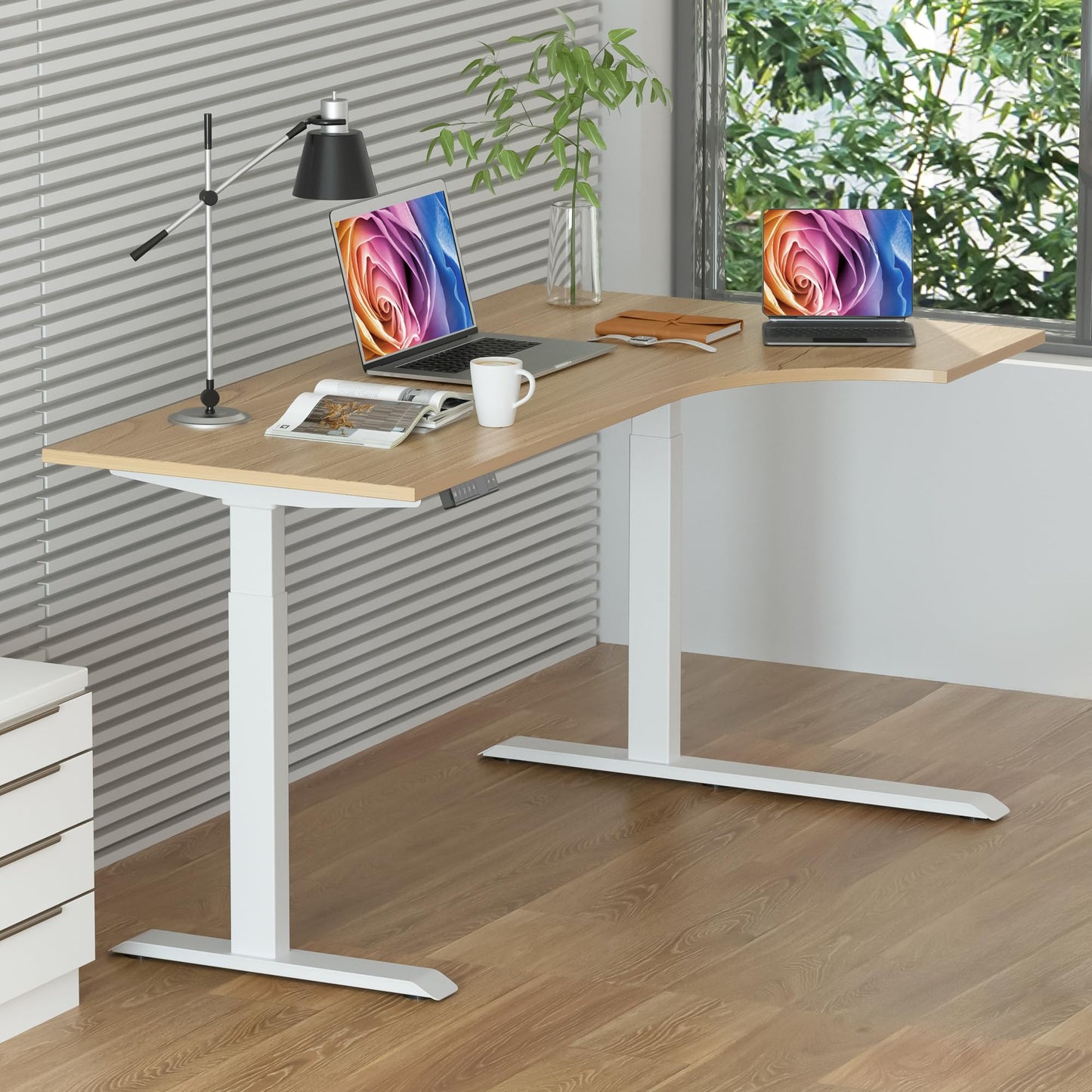 Fromann Standing Desk Frame Electric Height Adjustable Desk Legs Sit Stand Up Table Base Dual Motor L Shaped Corner with USB for Home and Office (White)