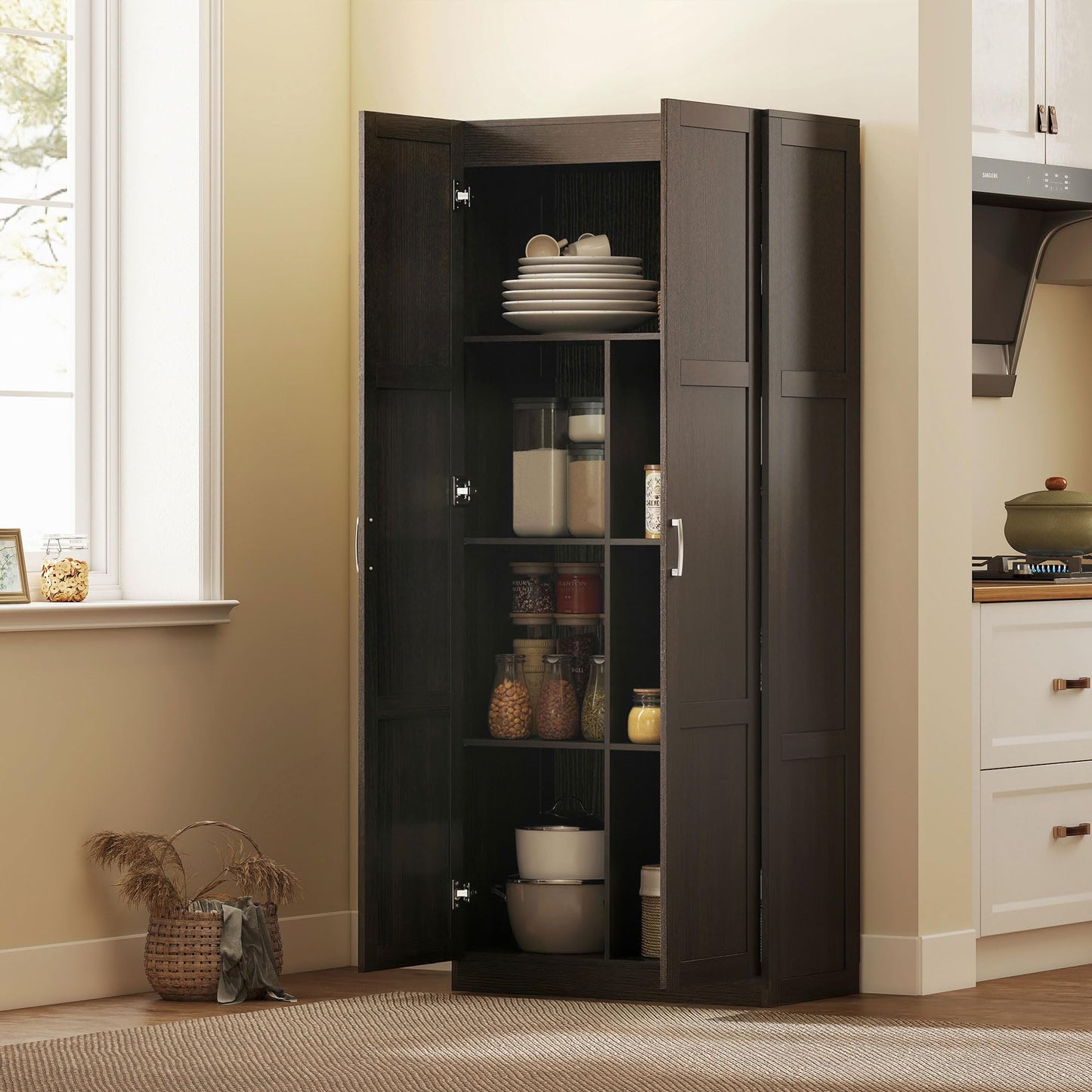 HOMCOM 71" Tall Kitchen Pantry Cabinet with Soft-Close Hinges, Modern Farmhouse Freestanding Pantry Storage Cabinet with 2 Framed Doors, 4 Adjustable Shelves, Espresso