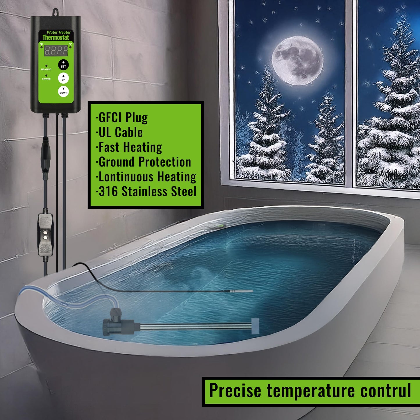 LINGLONGTEMP 240V 3500W Fully Submersible, Electric Hot Tub & Swimming Pool Immersion Water Heater with Temp Control & GFCI for Baptismal Pool, Baptistry, Above Ground Pool, Inflatable Pool & spa tub