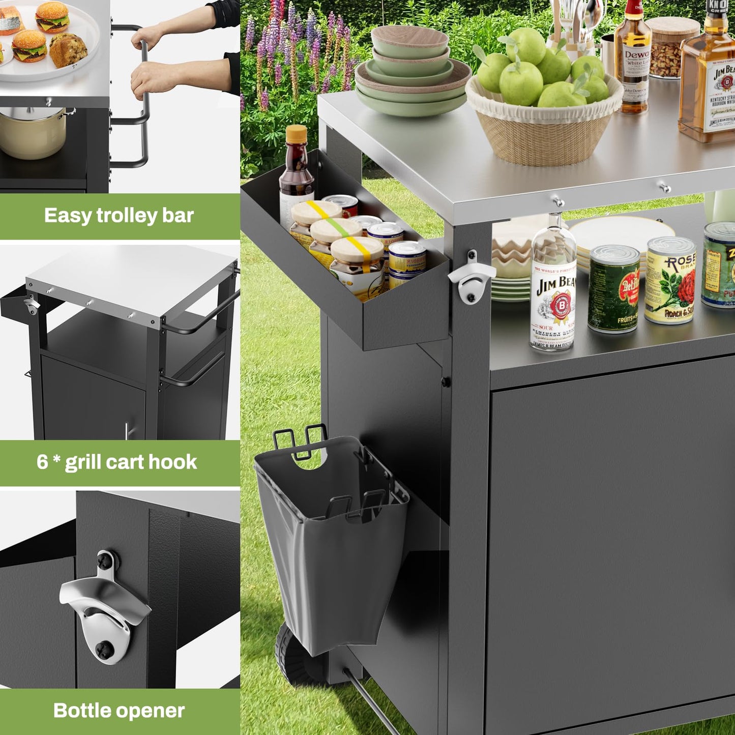Outdoor Rolling Bar Cart Grill Cart, Outdoor Serving Carts Grill Table Storage Cabinet, Rolling Bar Cart Outdoor BBQ Cart with Hooks and Spice Rack for Grilling Accessories, Black (1 Door)