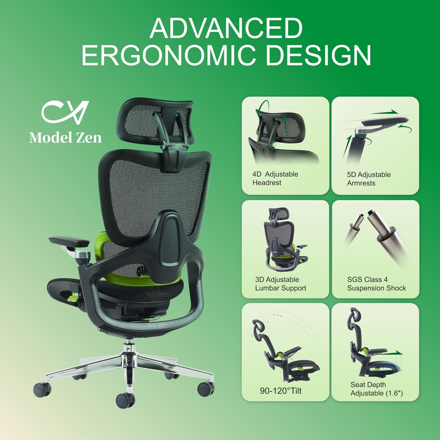 chirvana Ergonomic Office Chair, Mesh Home Office Desk Chair with Adaptive Lumbar Support, Gaming Chair with Headrest, 5D Armrest,90-130°Tilt, BIFMA Certified, Model Zen (Green)