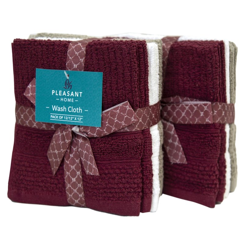 PH Pleasant Home Ribbed Wash Cloths Set - 12 Pack (12” x 12”) – 509 GSM - 100% Ring Spun Cotton Wash Cloth - Super Soft and Highly Absorbent Face Towels (Maroon, White & Tan)