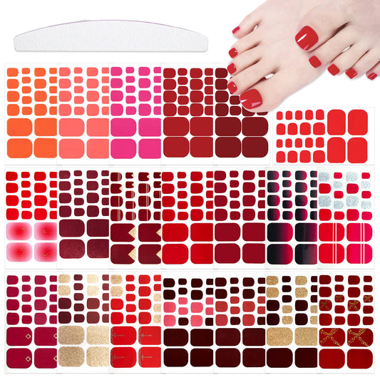 YECIRALA 440 Pcs Red Solid Toe Nail Polish Strips, 20 Sheets Full Cover Toenail Stickers Self-Adhesive Nail Wraps for Women Girls DIY Nail Art Toenails Stickers Stick On Nails Polish Wraps