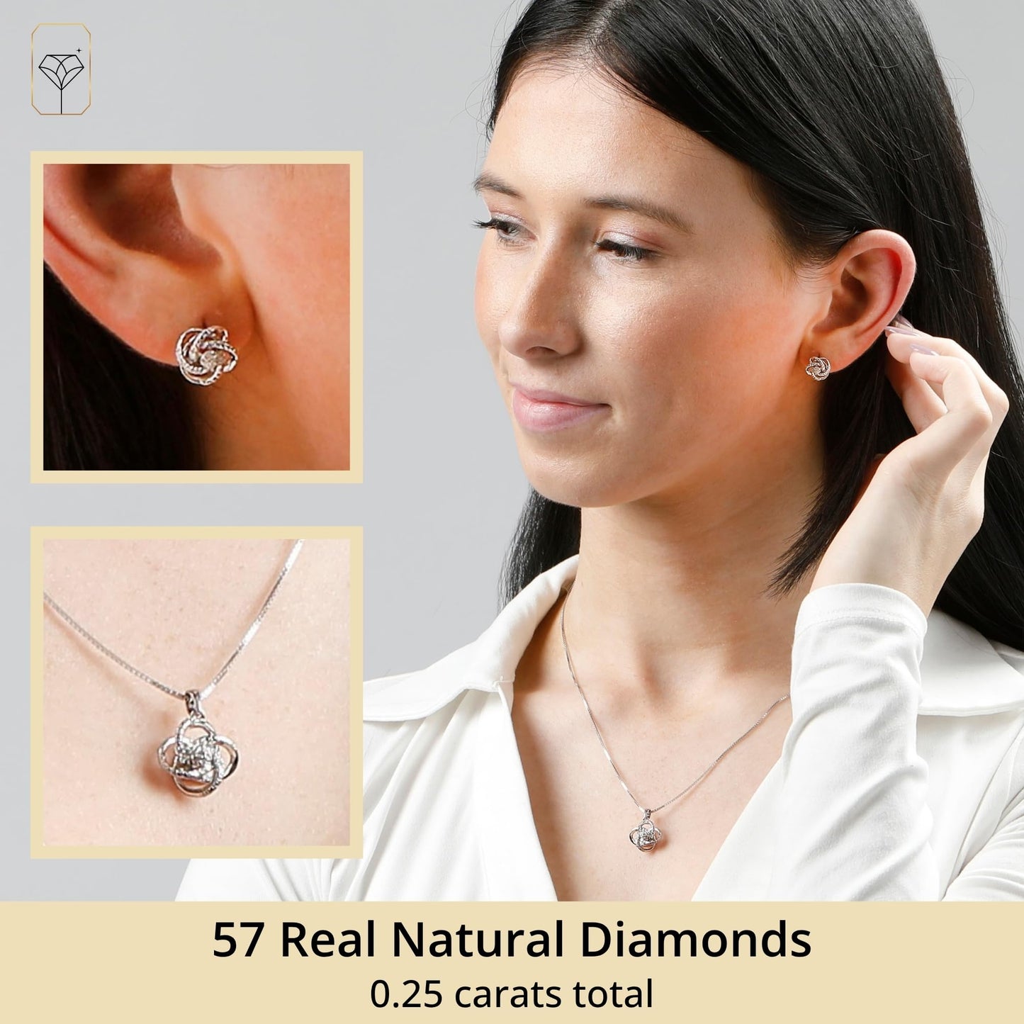 MAX + STONE 1/4 Carat Natural Diamond Love Knot Stud Earrings and Pendant Necklace for Women | Hypoallergenic 925 Sterling Silver Diamond Love Knot Jewelry Sets with 18 Inches Chain and Gift Box