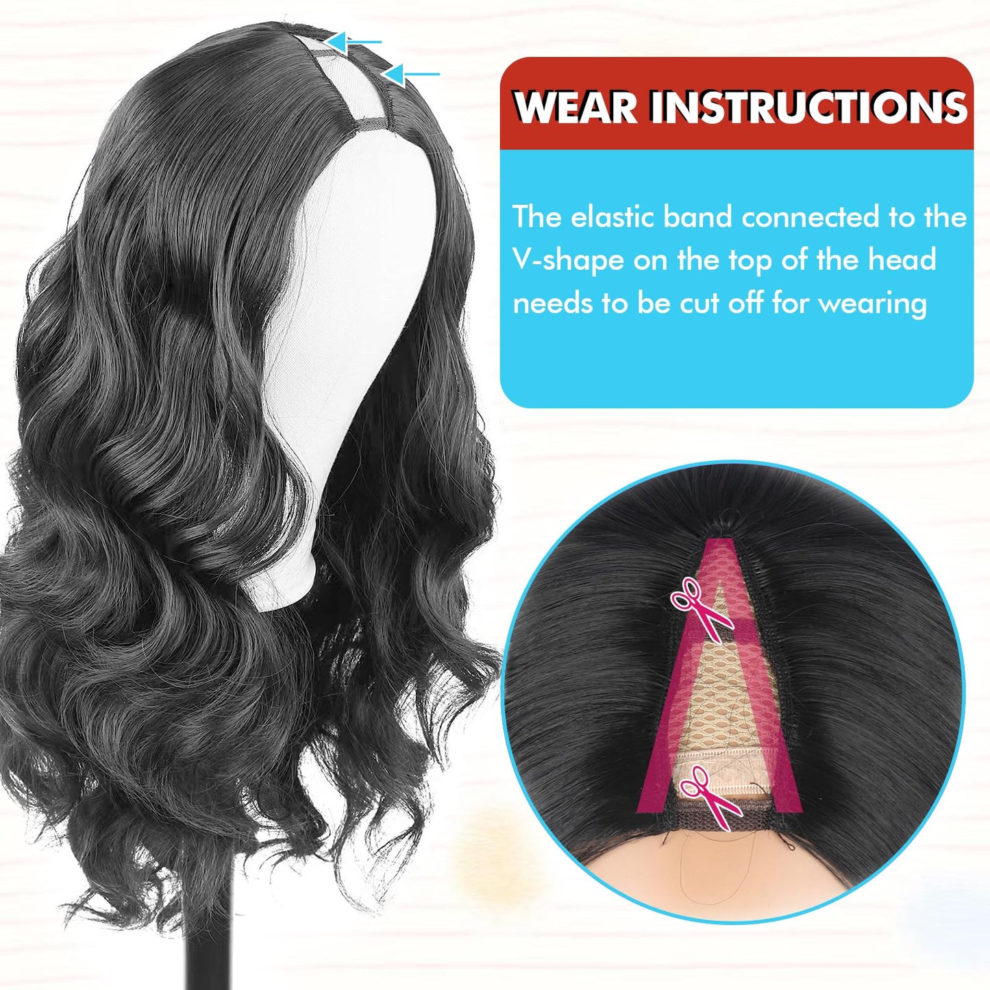KRSI Black V Part Wig 24" Long Body Wave Synthetic U V Part Half Wigs Glueless Upgrade U Part Wig Glueless Full Head Clip in Hair Extensions for Black Women
