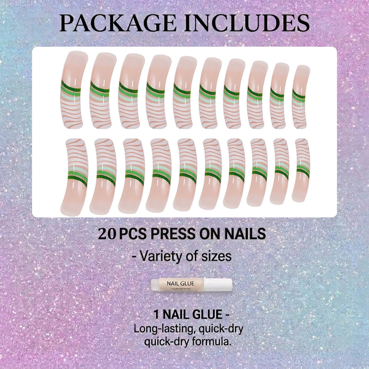 IMSOHOT Long Curved Press on Nails, Green Wavy Square Fake Tips with Glue, 20Pcs Full Cover French Swirl Design, Trendy Geometric Art Acrylic Glue-ons