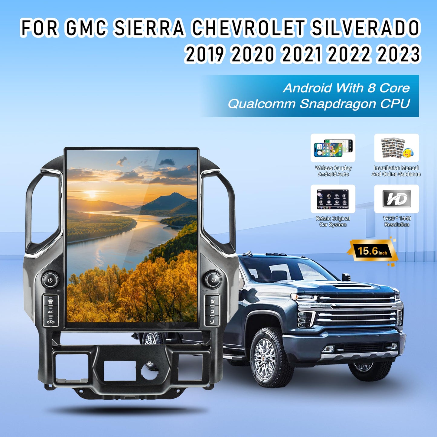 15.6 Inch Touch Screen Android Car Radio for GMC Sierra Chevrolet Silverado 2019 2020 2021 2022 2023 Head Unit Wirless Carplay GPS Navigation Screen Upgrade Multimedia Player Android Auto