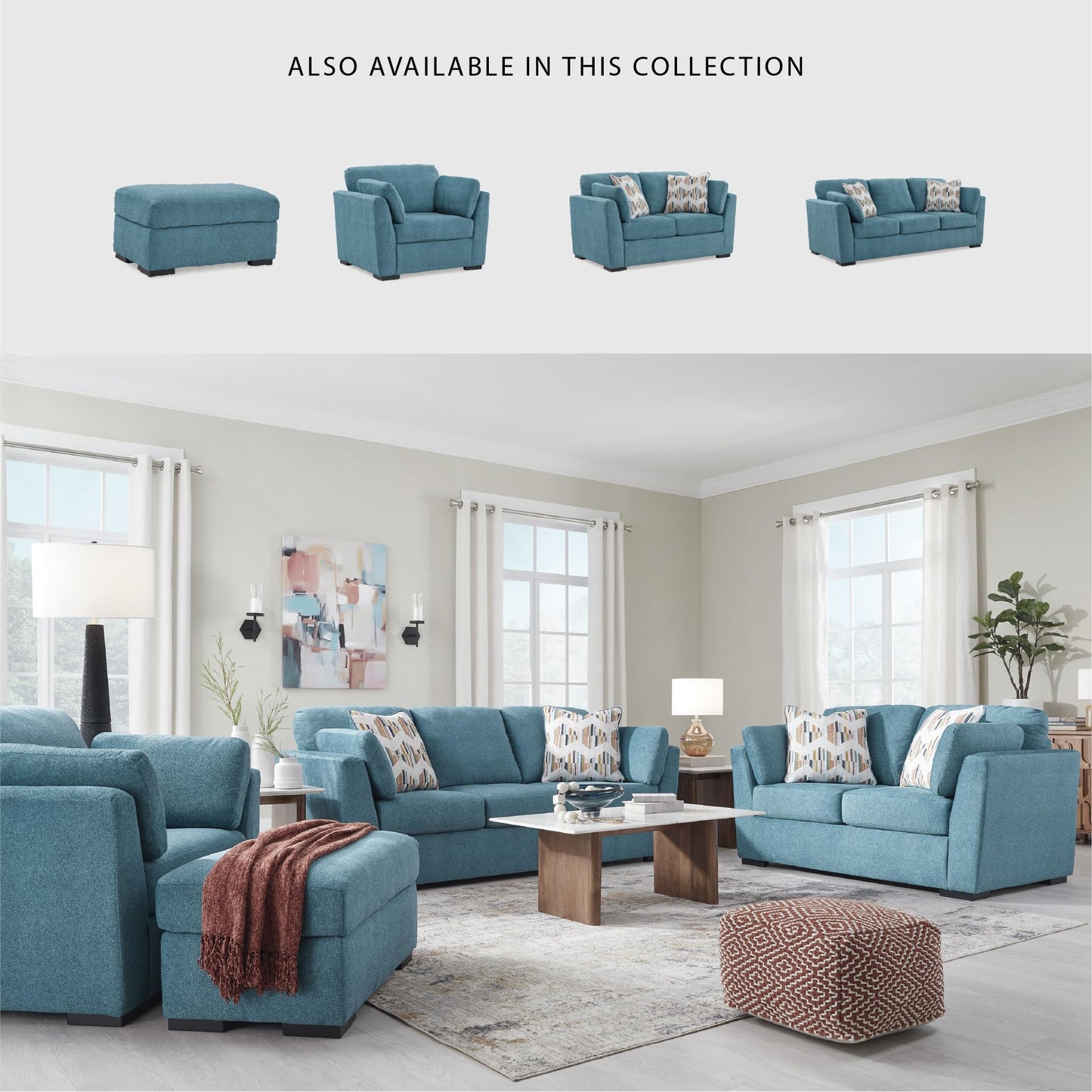 Signature Design by Ashley Keerwick Scandinavian Sofa with 4 Toss Pillows, Blue