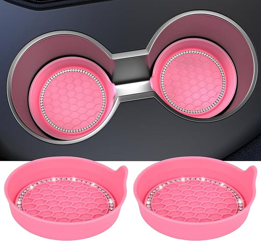 Amooca Car Cup Coaster Universal Non-Slip Cup Holders Bling Crystal Rhinestone Car Interior Accessories 2 Pack Peach Pink