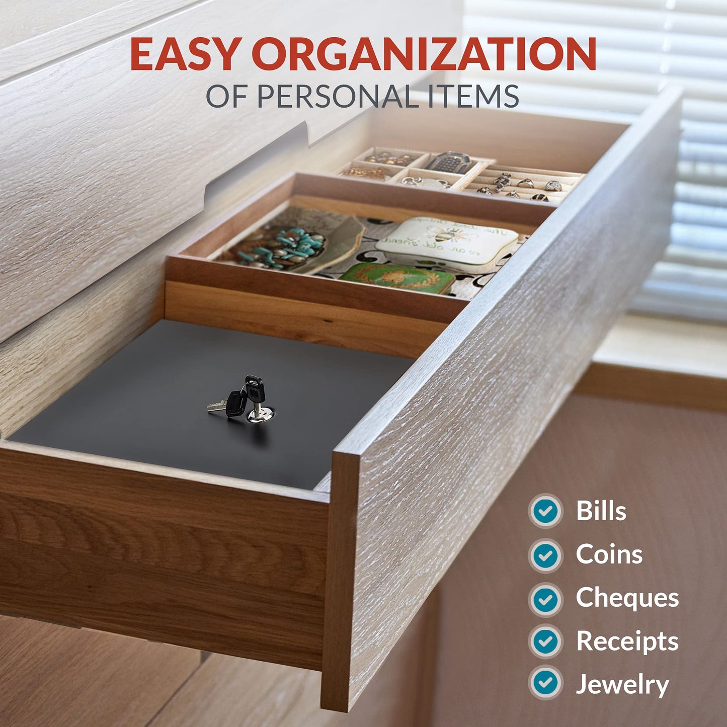 Volcora Cash Drawer Tray with Locking Cover - 11.7 x 10.3 x 2.3 Inch Metal Cash Lock Box with Lid - 4 Bill/5 Coin Money Organizer for Volocara 13" Fully-Removable Cash Drawers - For Business Use
