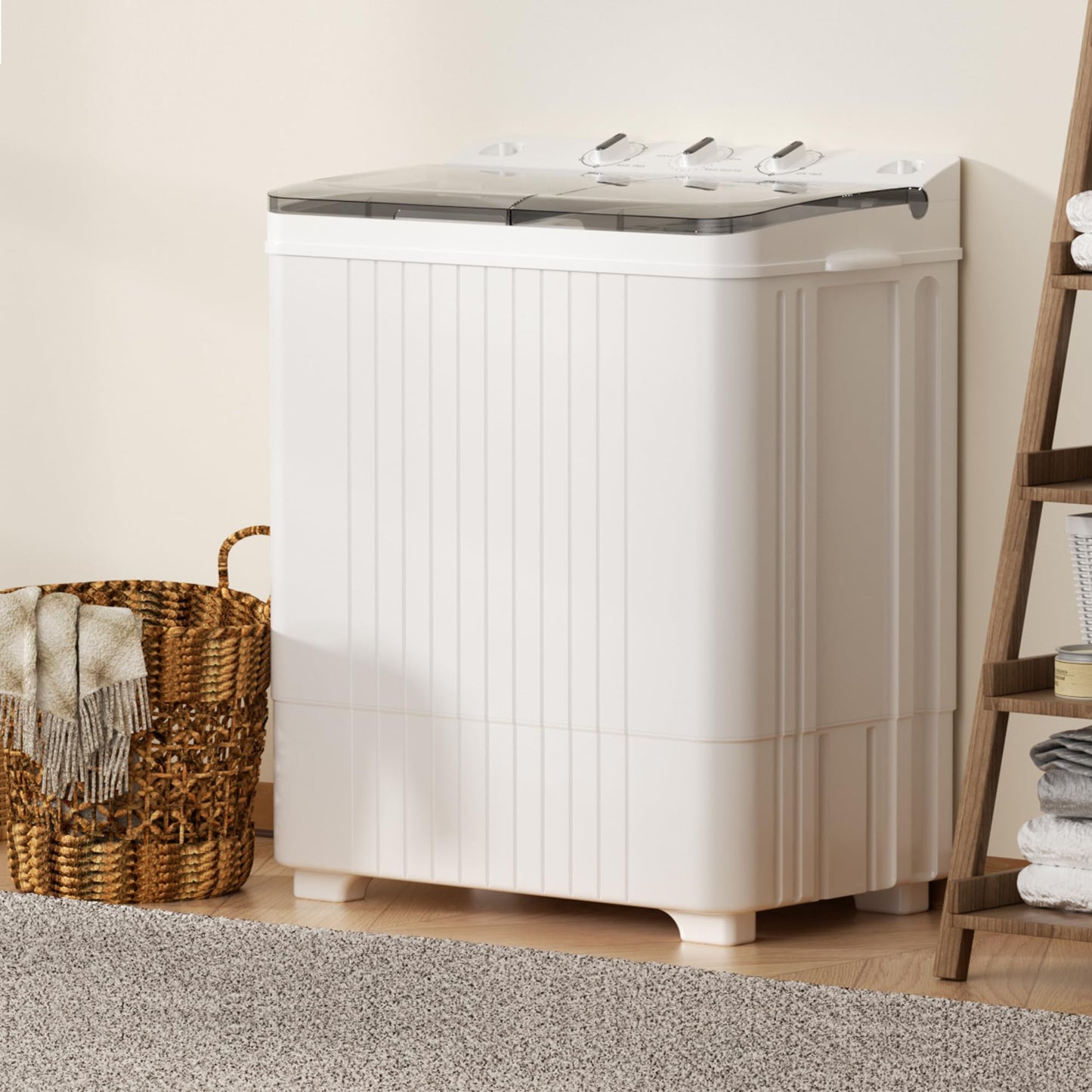 MarKnig Portable Washing Machine, 28lbs Twin Tub Mini Washer Compact Laundry Machine with Timer Knobs, Semi-automatic 18lbs Washer 10lbs Spinner Combo for Dorms, Apartments, Grey