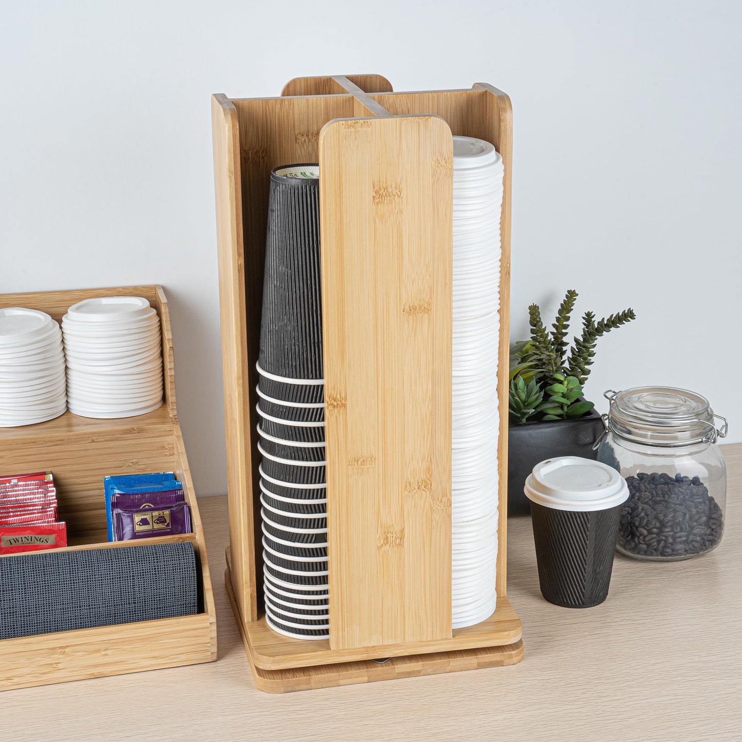 Restaurantware Restpresso 9 x 18 Inch Coffee Cup and Lid Organizer 1 Revolving Cup and Lid Holder - 4 Section Countertop Natural Bamboo Cup and Lid Dispenser For Restaurants Homes or Offices