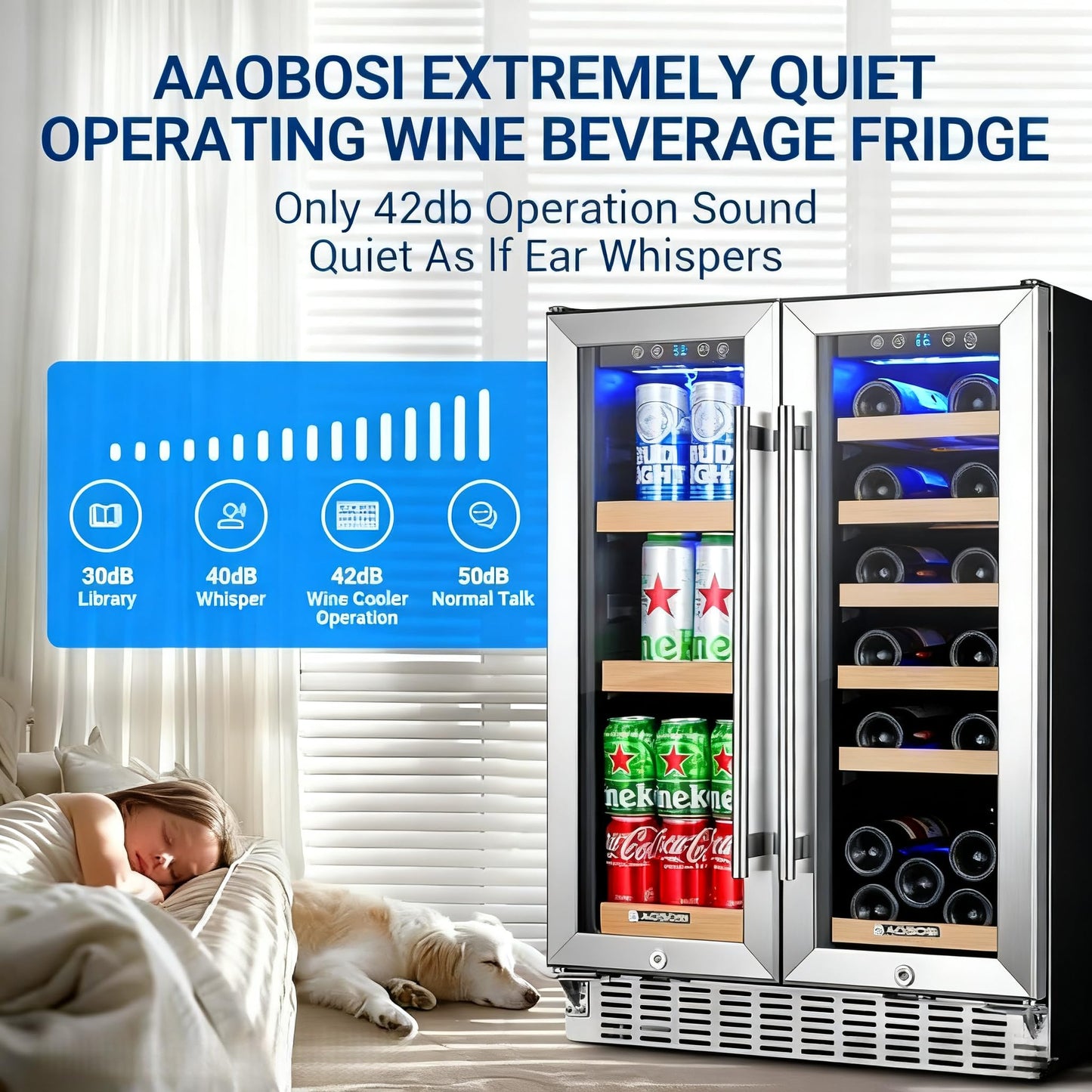 AAOBOSI Upgraded 88 Cans Dual Zone Wine and Beverage Cooler,Built-in and Freestanding,Removable Fashion Wooden Frame,Intelligent Digital Temperatrue Control,Low Noise,Dual Zone 24 Inch 19 Bottles