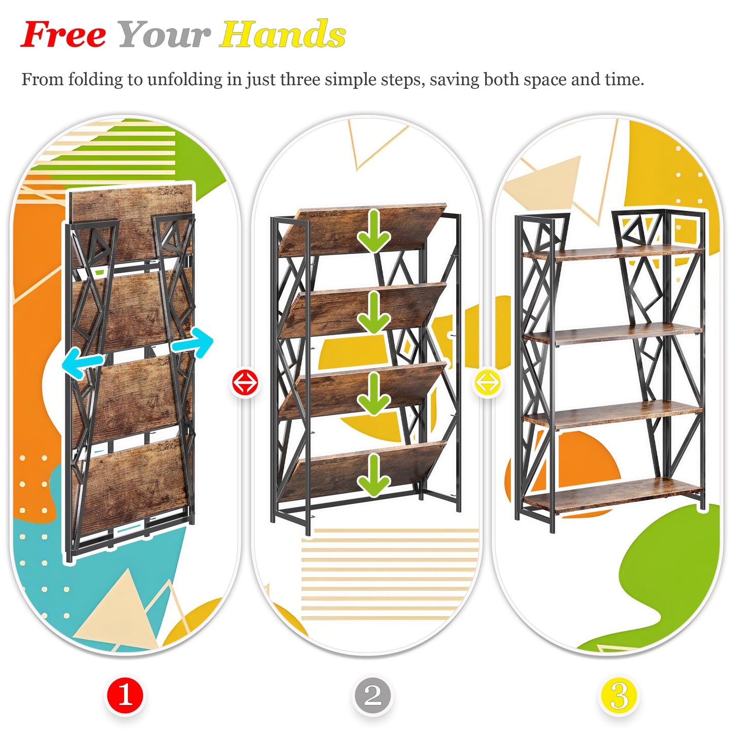 UDD No Assembly Wide Folding Bookshelf, 50.8" H x 30.9" W, 4 Tier Foldable Book Shelf Industrial Bookcase, Vintage Collapsible Storage Shelves for Home Office Living Room Bedroom, Rustic Brown Black