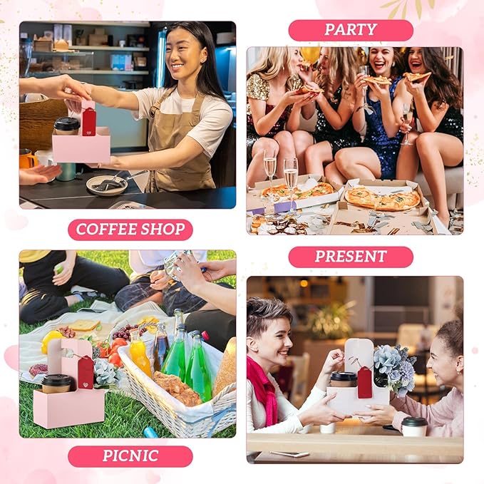 MotiMind 20 Pack Mother's Day 2 Cup Drink Carrier with Handle, Kraft Paperboard Teacher Cup Holder Portable for Hot Cold Drinks, Coffee Carrier Gift with Heart Card Rope (White,Pink)