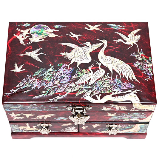 MADDesign Mother of Pearl Lacquered Jewelry Box Two Level Cranes (Red)