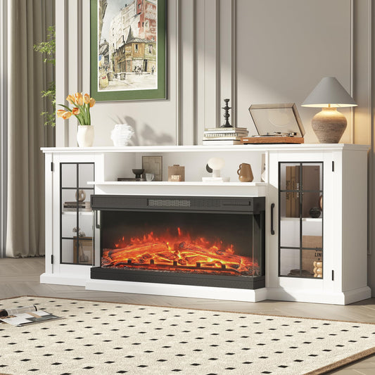 PeakPursuit Fireplace TV Stand, 75'' TV Stand with Fireplace, 40'' Electric Fireplace Insert with Realistic 3D Flame Effect and LED Lights, Entertainment Center with Fireplace, White