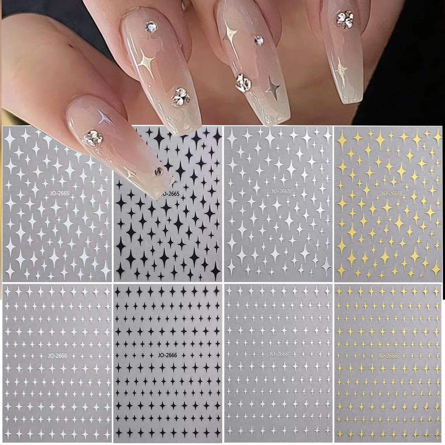 8Sheets Star Nail Stickers for Nail Art 3D Glitter Star Shiny Gold Silver White Black Stars Nail Art Sticker Star Light Nail Design Nail Supplies Stars Sticker for Women DIY French Manicure Decoration