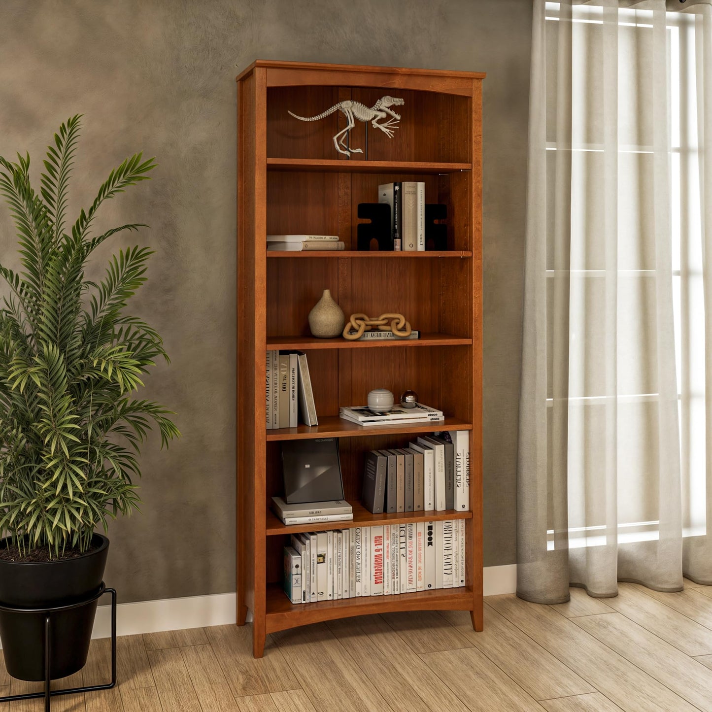 Camaflexi Shaker Style 6 Shelf Bookcase / Solid Wood / 72 inch Tall / Adjustable Shelving / Closed Back / Display Bookshelf for Living Room, Bedroom, Home and Office, Cherry