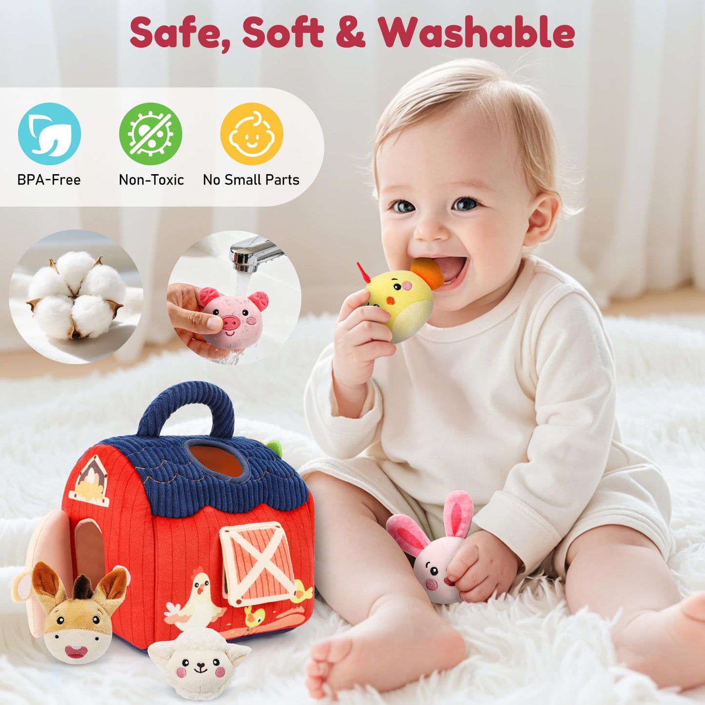 Baby Toys 6-12 Months - Soft Plush Surprise Barn Stuffed Farm Animals, Rattle, Crinkle, Mirror, Montessori Toys for Babies Sensory Toys for Toddlers 1-3, Baby Stocking Stuffers