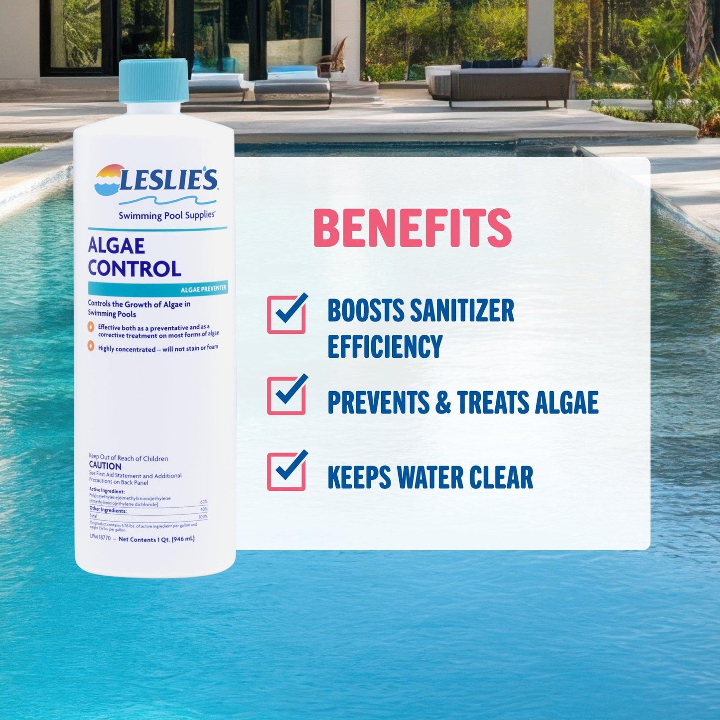 Leslie's Algae Preventative - Non-Staining Algae Control for Swimming Pools, Spas, and Hot Tubs - 1 Quart
