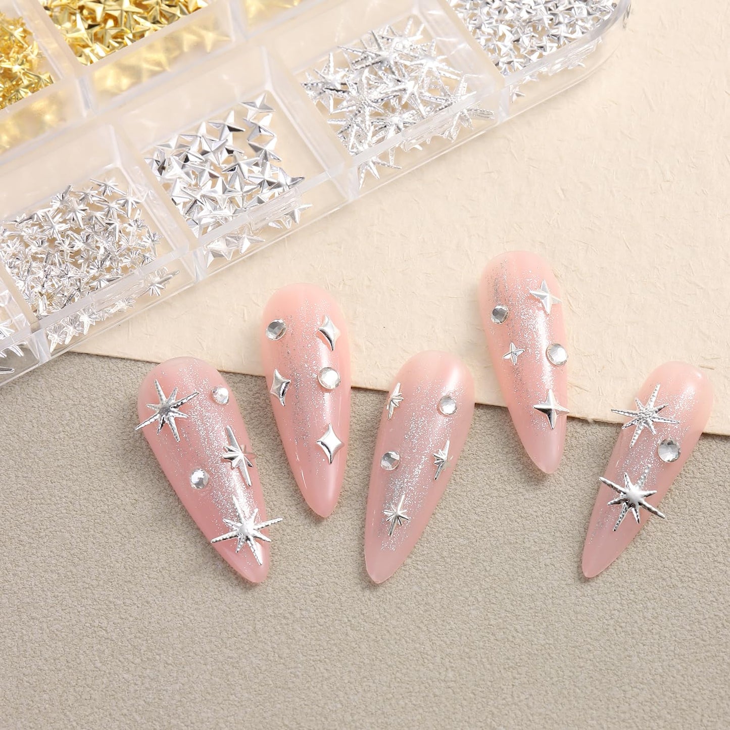 Furtherpretty Gold Star Nail Charms, 3D Silver Nail Charms Metal Studs Cross Star Celestial Nail Decorations, Flat-Back Nail Art Accessories with Tweezers for Women, Manicure Salon Supplies