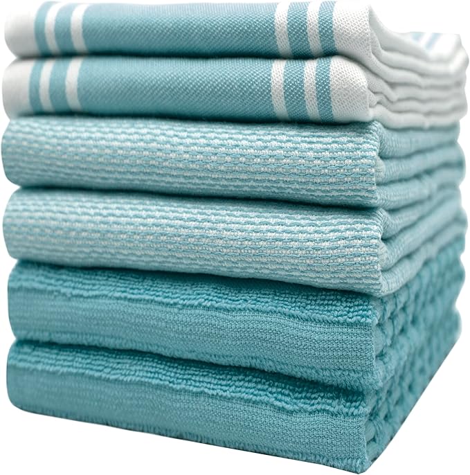 Premium Kitchen Towels (20âx 28â, 6 Pack) | Large Cotton Dish Towels | Flat & Terry Highly Absorbent Kitchen Linen Set with Hanging Loop | Wide Stripe Aqua
