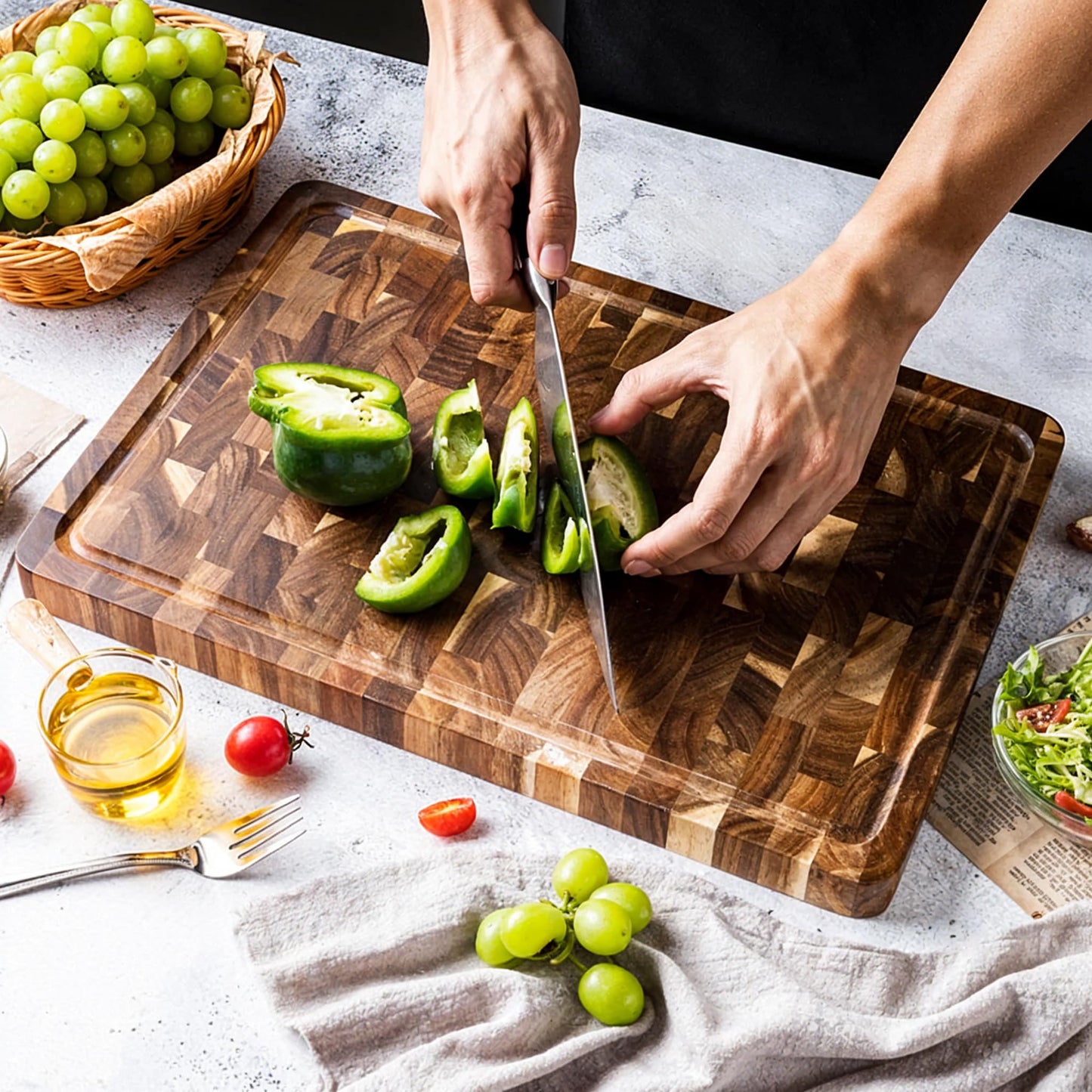 Seido Knives Gourmet Acacia End-Grain Cutting Board - 18" x 12" x 1.4" - Made From Acacia Wood Durable Withstand Heavy Duty Chopping Board Self-Healing Property Rubber Feet Juice Groove