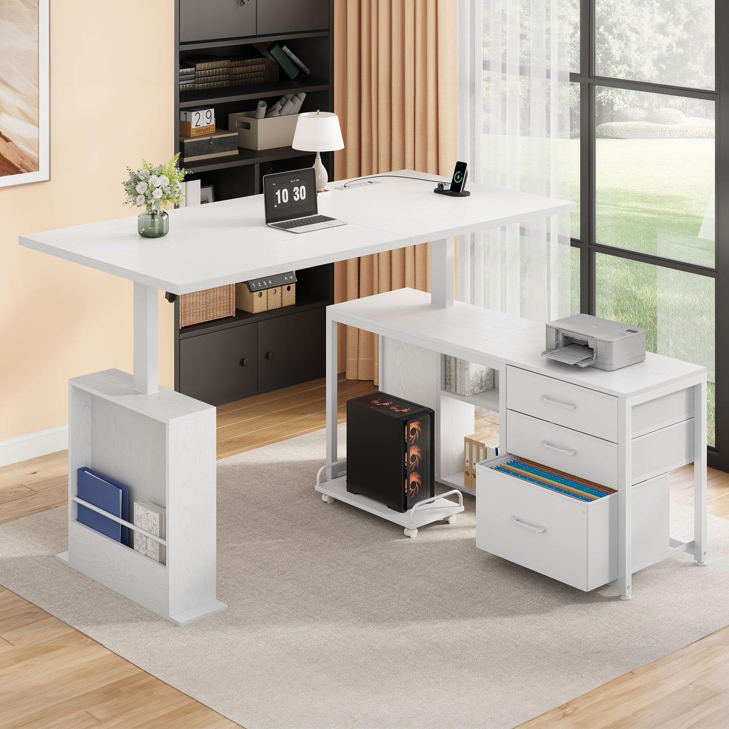 Homiflex 63" L Shaped Standing Desk with 3 Drawers Electric Adjustable Height Desk Corner Standing Desk with Storage Computer Game Desk with Power Outlets Computer Tower Stand for Home Office, White