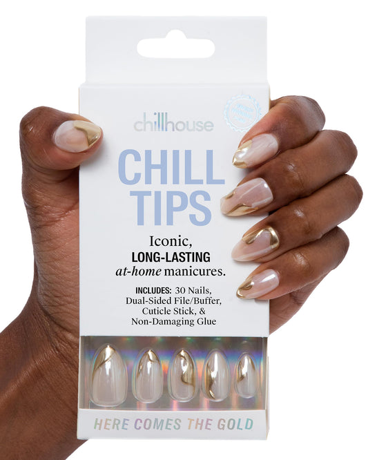 Chillhouse - Chill Tips, Press on Nails Kit - Here Comes The Gold (Oval) - 30 Nail Shapes & Sizes - Up to 2 Weeks of Wear - Customizable - Reusable - Latina Founded, Women Owned - Beauty, Self Care