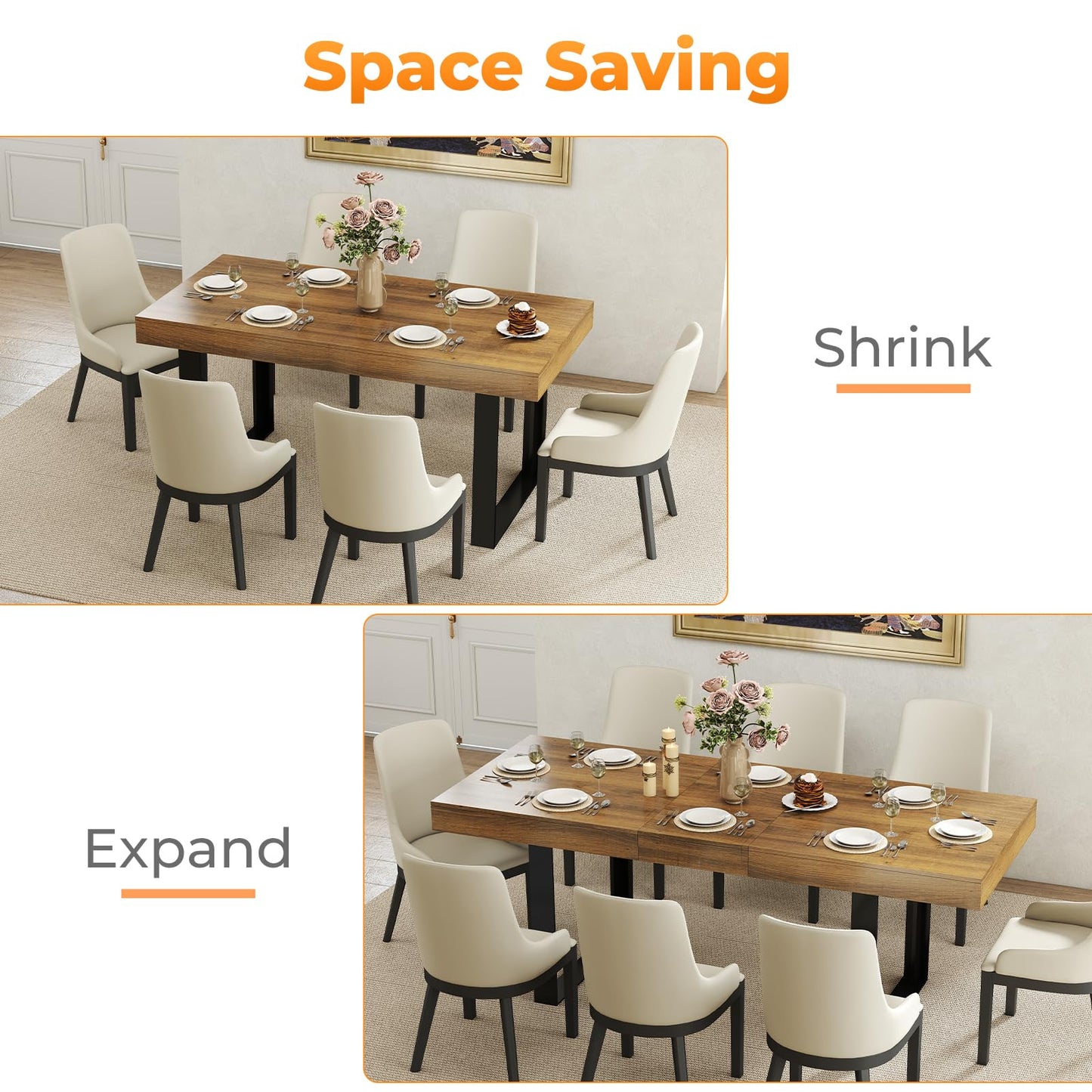 Zevemomo 63"-78.7" Expandable Dining Table, 6-8 Extendable Dining Table, Rectangle Conference Table, Farmhouse Kitchen Table with Slide Track, Tapered U-Shaped Wood Legs for Office, Living Room-Brown
