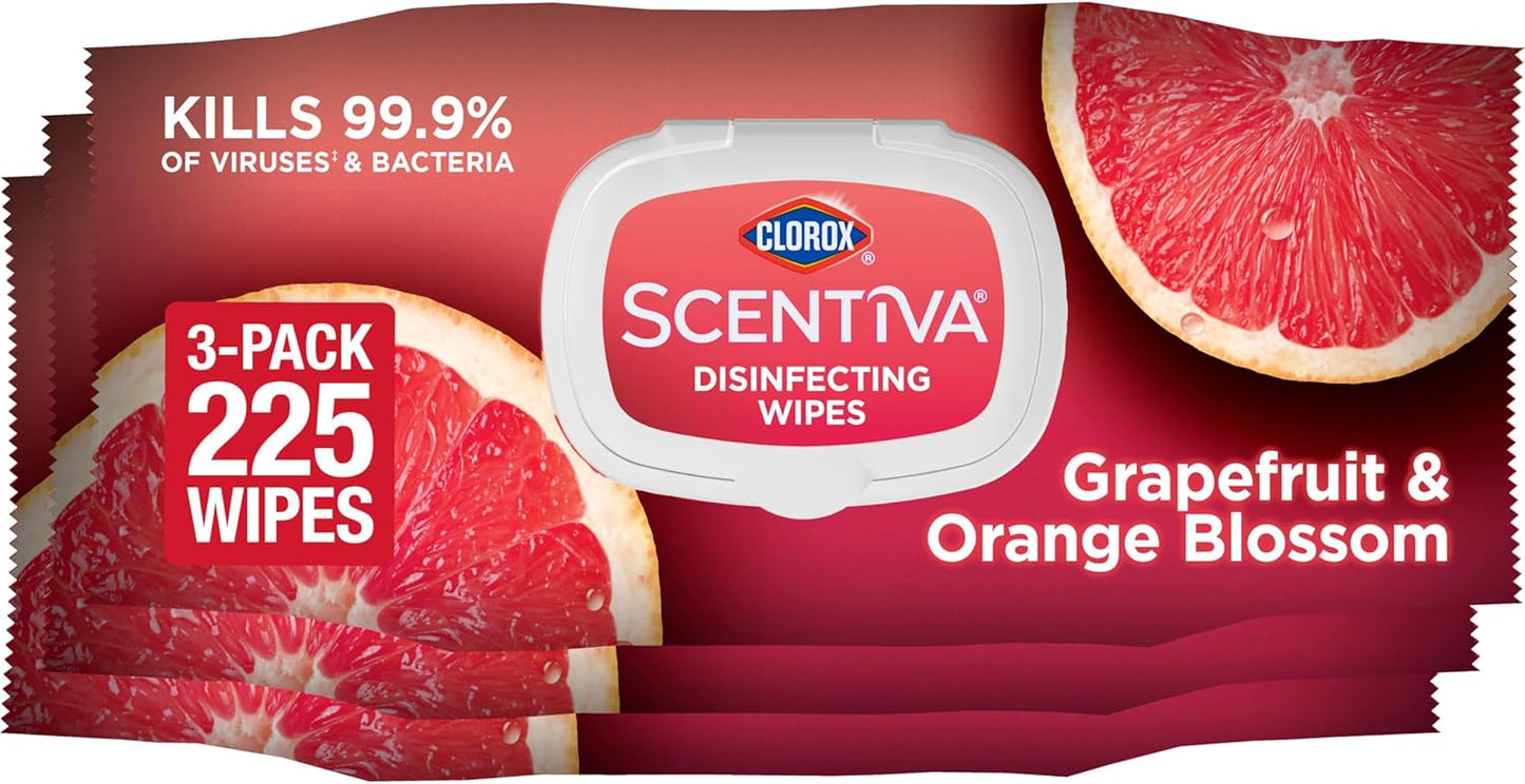 CLOROX Scentiva Disinfecting Wipes, Grapefruit and Orange Blossom, 75 Ct., Pack of 3 (Pack May vary)