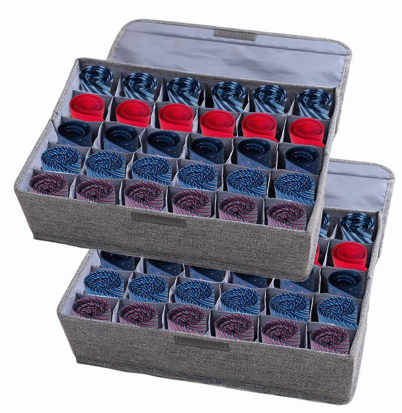 AARAINBOW 2 Packs Underwear Socks Ties Storage Organizer with Lids Foldable Closet Drawer Organizer 60 Cells, Fabric Wardrobe Divider Storage Boxes for Scarves and Lingerie (30 Cell, 2 Gray)