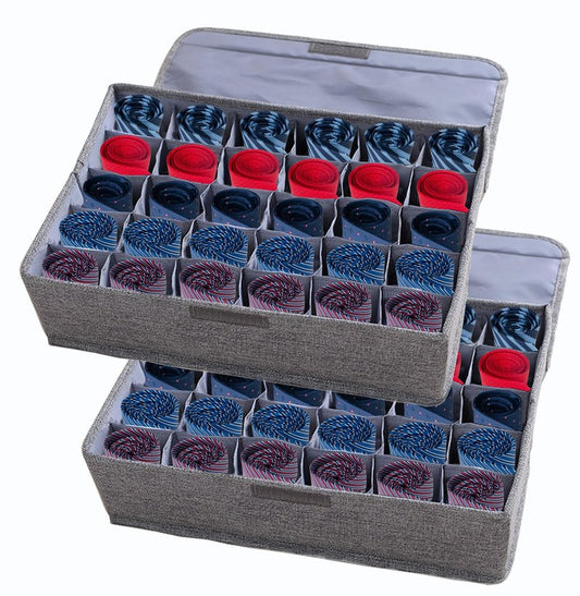 AARAINBOW 2 Packs Underwear Socks Ties Storage Organizer with Lids Foldable Closet Drawer Organizer 60 Cells, Fabric Wardrobe Divider Storage Boxes for Scarves and Lingerie (30 Cell, 2 Gray)