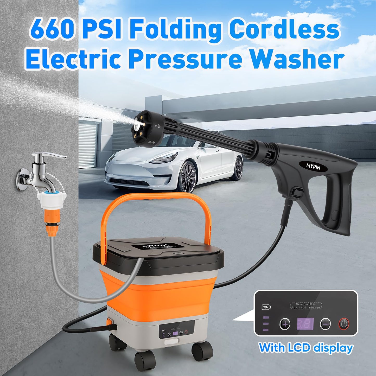 660PSI Portable Cordless Pressure Washer with Folding 3.4Gal Tank, 6-in-1 Nozzle, 7 Adjustable Pressure Levels, 7M Hose, Portable Sprayer with Wheels for Car Floor Wall Fence Cleaning (Orange)