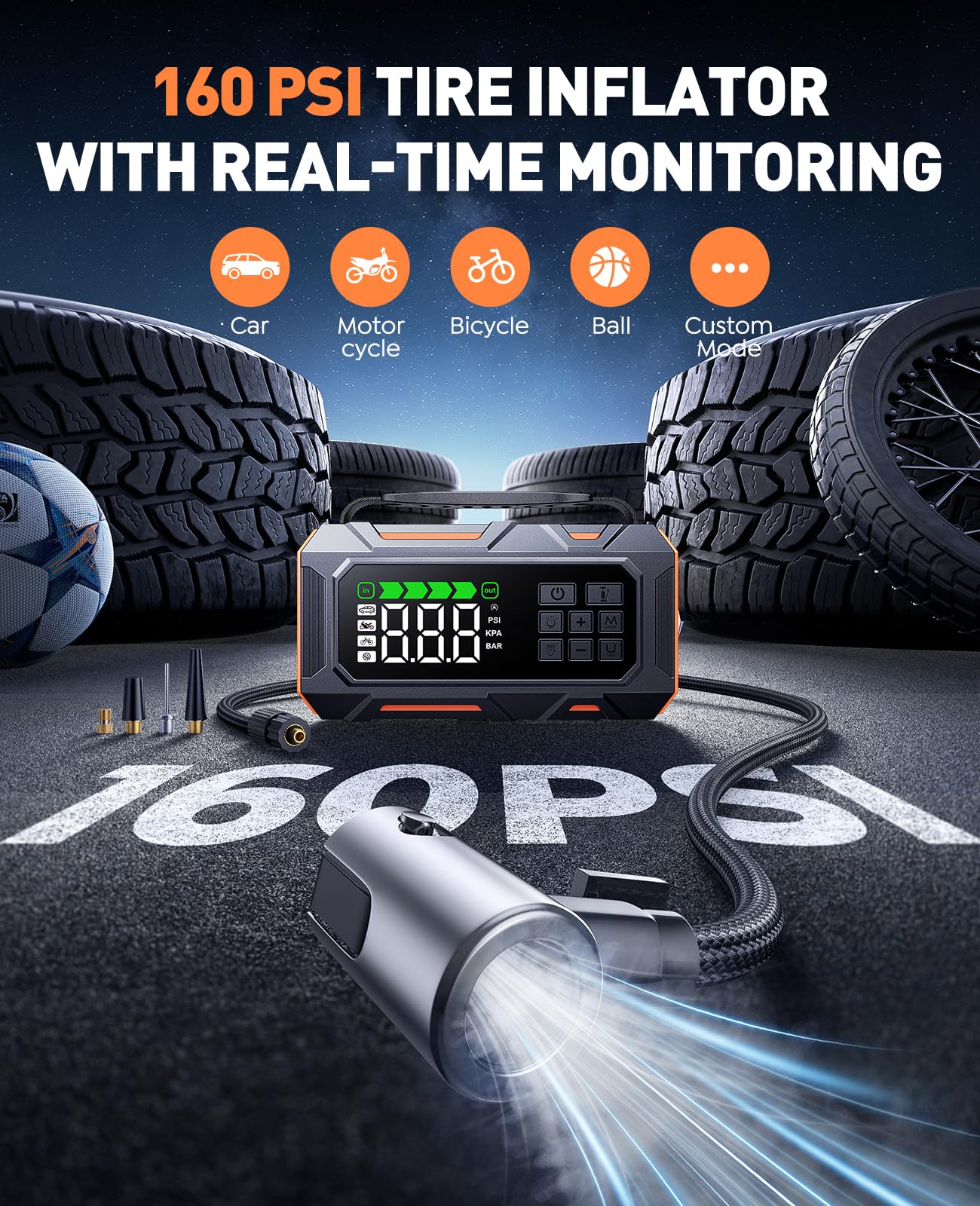 Portable Jump Starter with Air Compressor 8000A 160PSI, 16-in-1 Car Battery Jump Starter with Emergency Kit, Auto-Shutoff Tire Inflator, Jumper Cables, Jump Box Car Battery for All Gas/14L Diesel