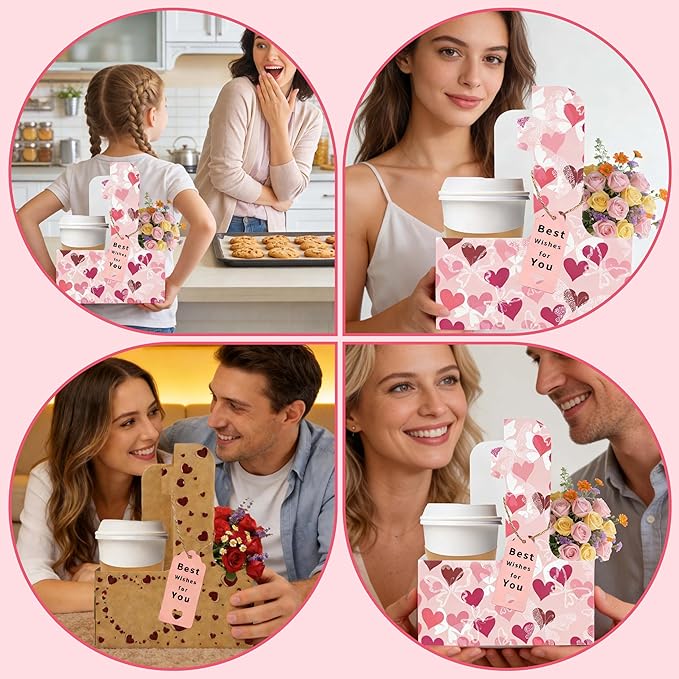 32 Set Drink Carrier,Cardboard Cup Holder with Love, Coffee Cup Holder with Handle,Coffee Carrier with Greeting Card and Ribbon for Valentine's Day Gifts Party Gift,Pink