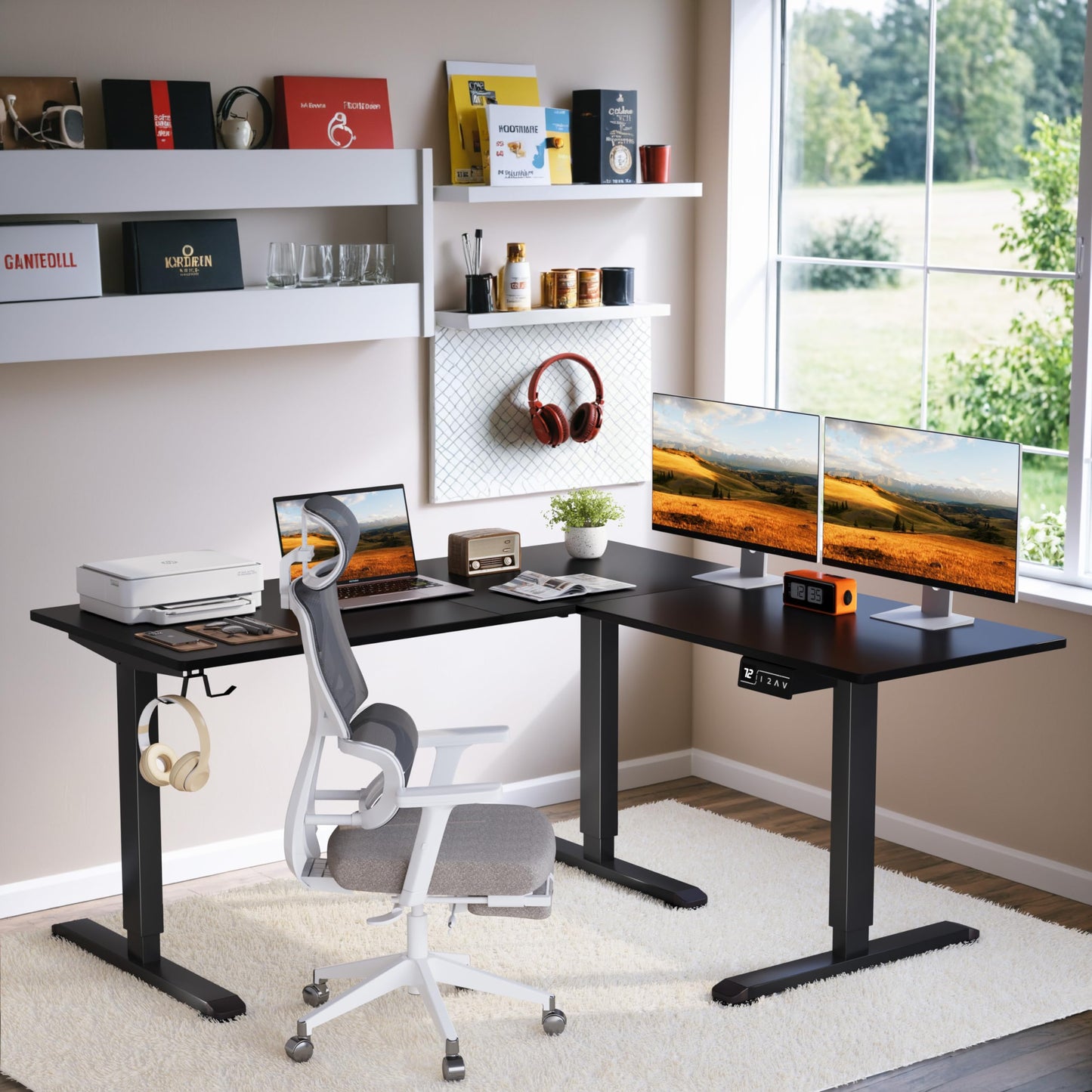 Shahoo L-Shaped Electric Standing Desk, 63 x 55 Inches Height Adjustable Coner Table, Home Office Computer Workstation, Black, 63 x 55 Inch