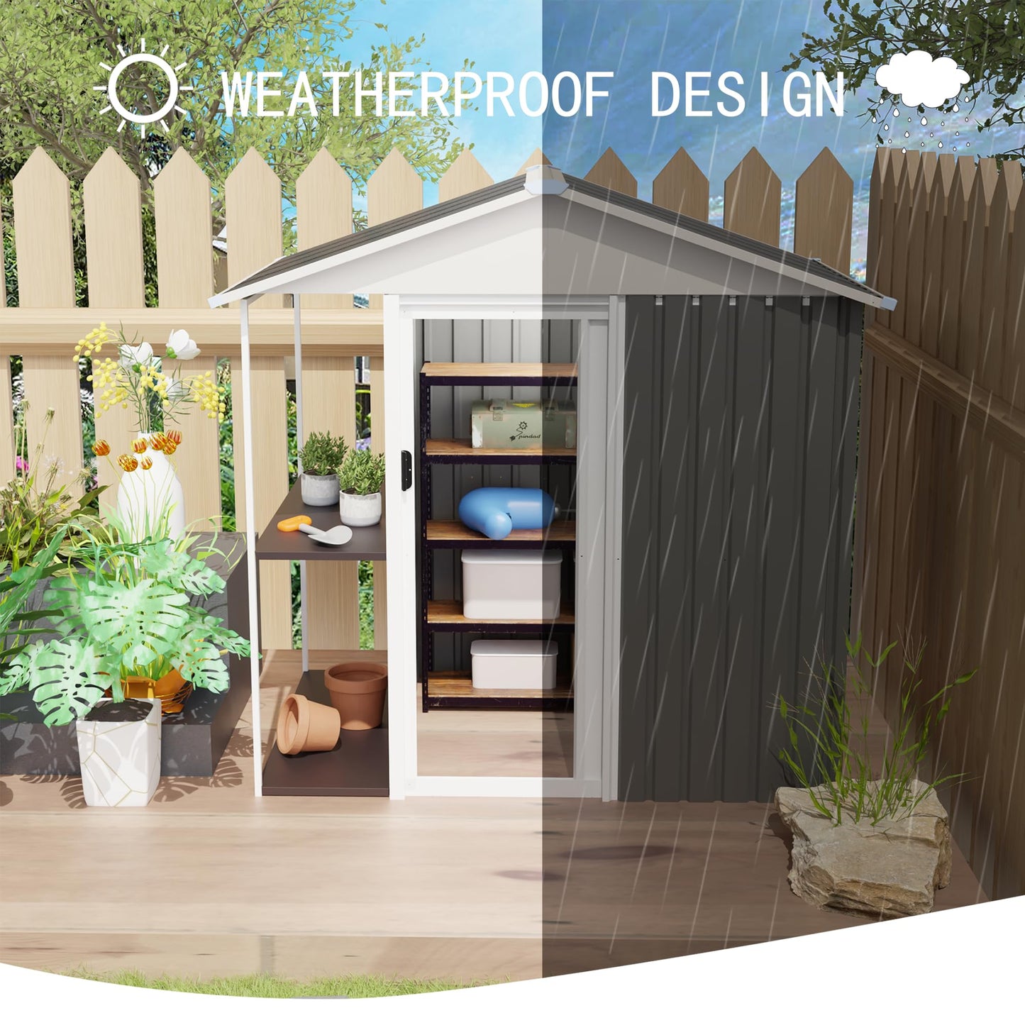6 x 4 FT Outdoor Storage Shed, Metal Garden Shed with Storage Shelves and Vents, Tool Sheds for Patio Backyard Lawn, Bike Storage Shed, All Weather Use, Black