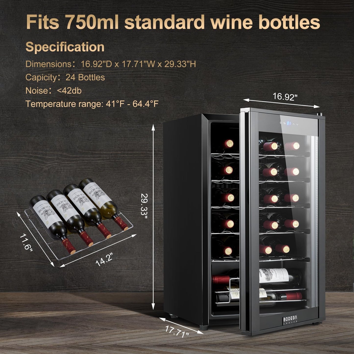 BODEGACOOLER Wine Cooler 24 Bottle for Home and Kitchen, Mini fridge for Bedroom,Wine Fridge with 41-64.4°F Digital Temperature Control,Small Freestanding Wine Refrigerator for Red, White & Champagne