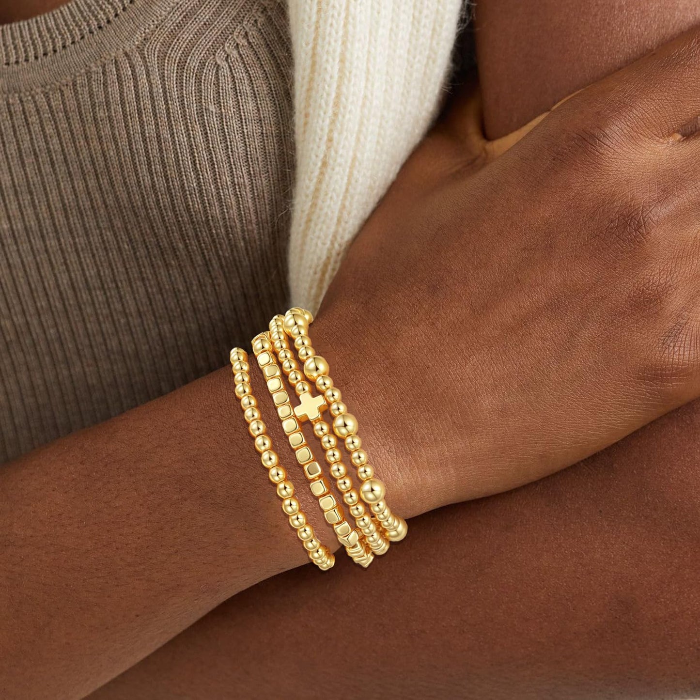 COLOYAN 10PCS Gold Bracelets for Women Stack, Cross Beaded Strand Bead Ball Stackable Gold Bracelet, Pearl Beaded Bracelets Elastic Bracelet Set