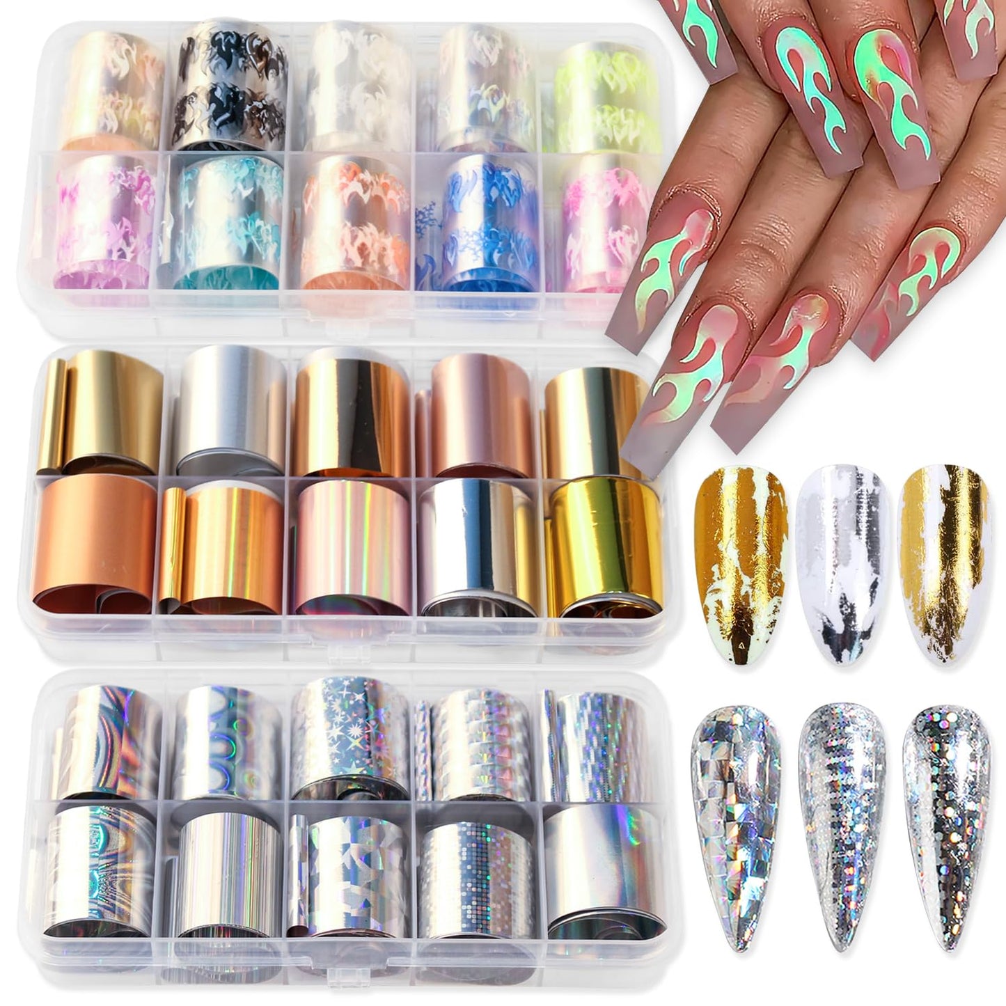 Nail Foil Transfer, DANNEASY 30 Roll Nail Foils Sheet Gold Metallic Flame Laser Design Nail Art Stickers Decals Holographic Starry Sky Foil Transfer for Women Kids