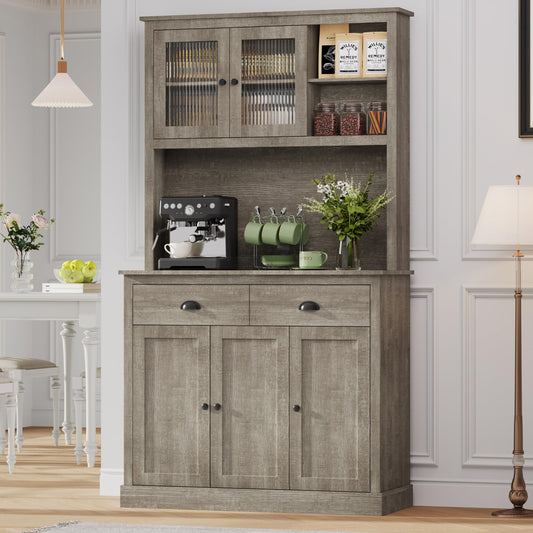 GarveeHome Pantry Cabinet with Drawers and Adjustable Shelves, 71" Tall Freestanding Kitchen Cabinet with Microwave Stand, Kitchen Hutch for Dining Room, Rustic Grey