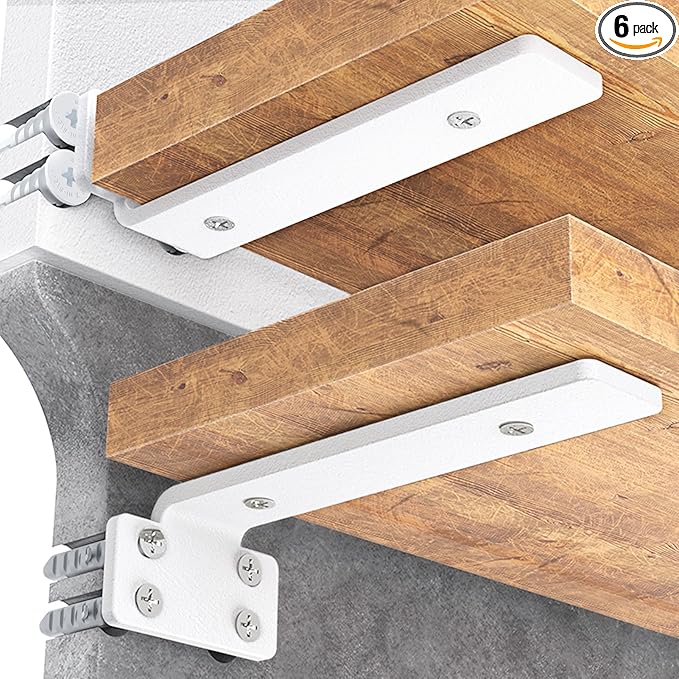 Goovilla Shelf Bracket, Heavy Duty Floating Shelf Brackets 12 inch Long, 6 Pack Brackets for Shelves, White Coated Metal Wall Shelf Support Brackets with 1/5 Inch Thick and 160 lb. Load Capacity
