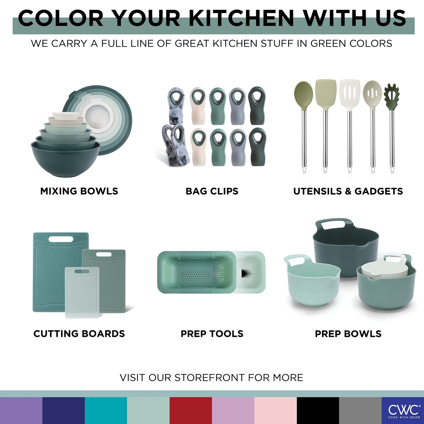 COOK WITH COLOR Mixing Bowls with TPR Lids - 12 Piece Plastic Nesting Bowls Set includes 6 Prep Bowls and 6 Lids - Microwave Safe (Sage)