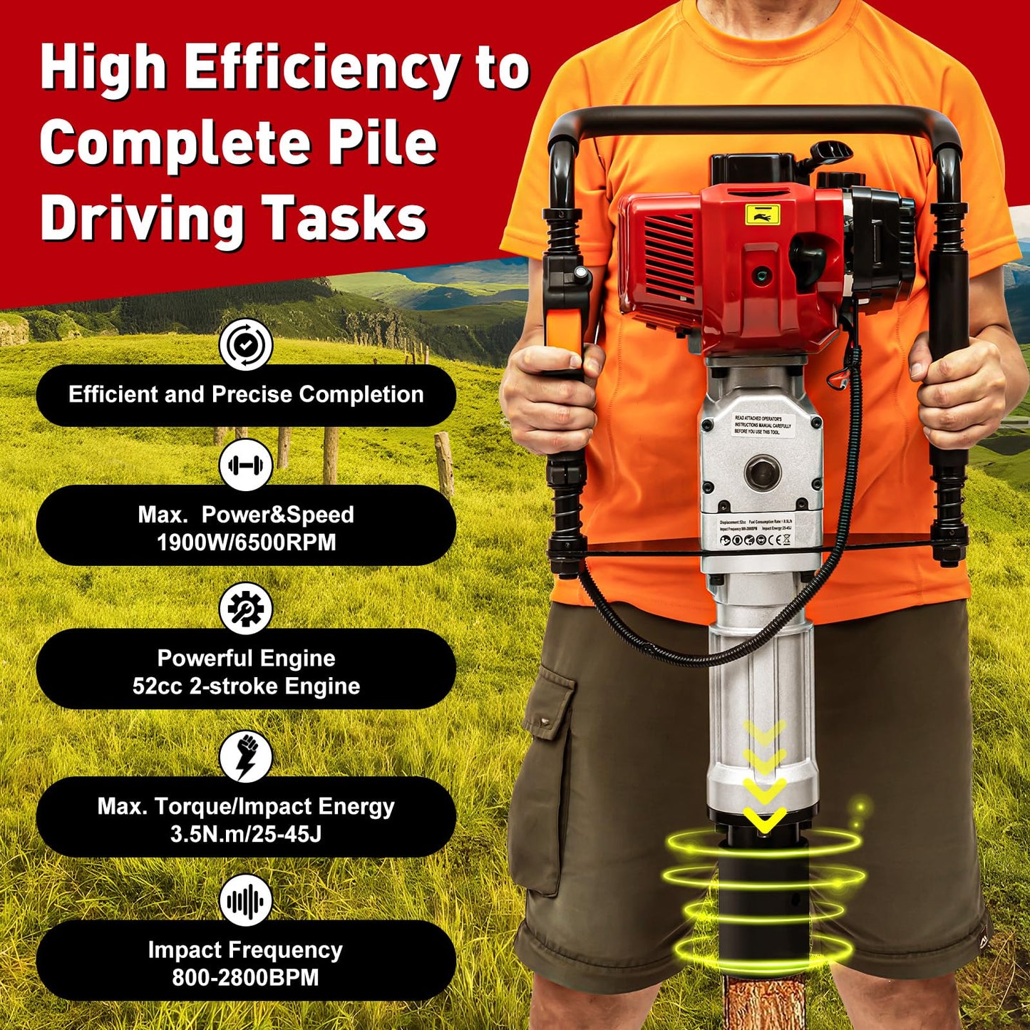 POIOKLJRE Post Driver, 52cc Gas Powered T Post Driver, 1900W Fence Post Driver, Shock Absorption and Safety Lock Heavy-Duty Gasoline Post Driver, Quick Pile Installation, Suitable for Professional Use