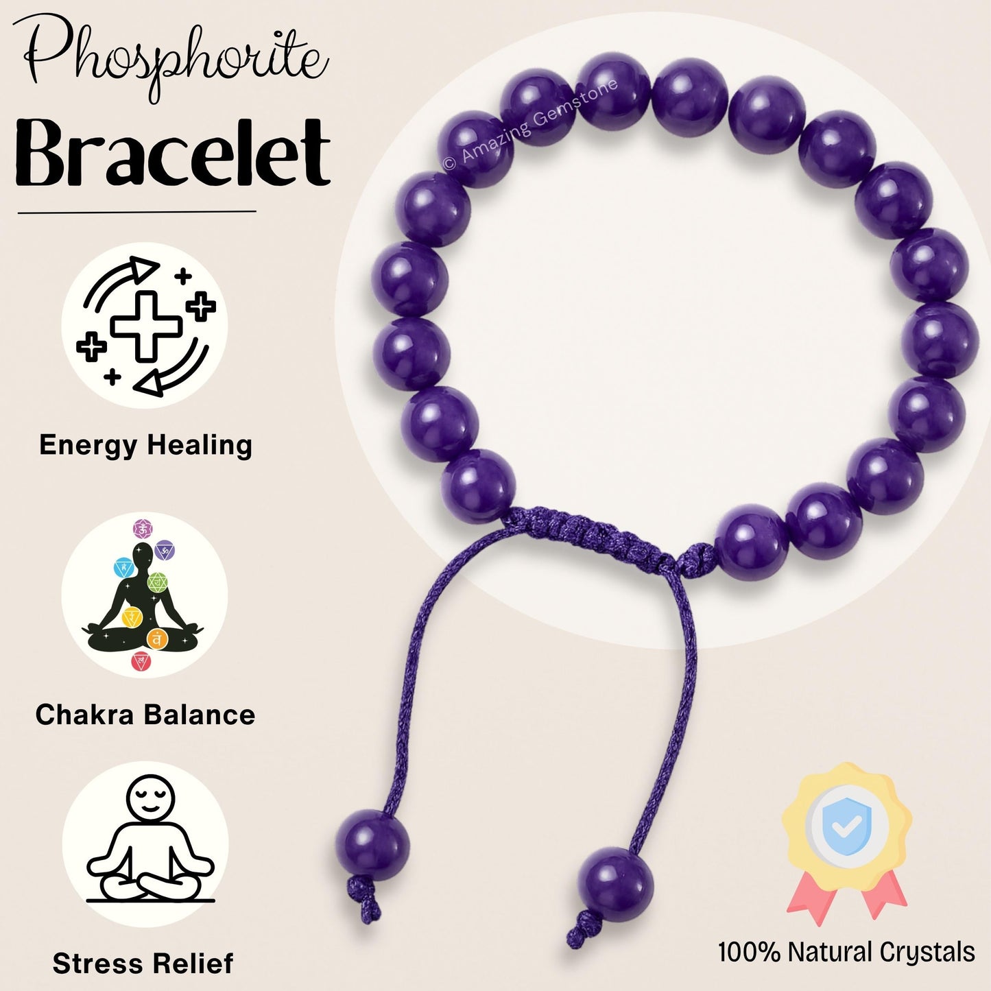 Amazing Gemstone Phosphodorite Bracelet for Women Men's Gifts - Protection Healing Crystal Bracelet - 8mm Beaded Adjustable Bracelet Pulseras Para Hombres Mujer Stocking Stuffers