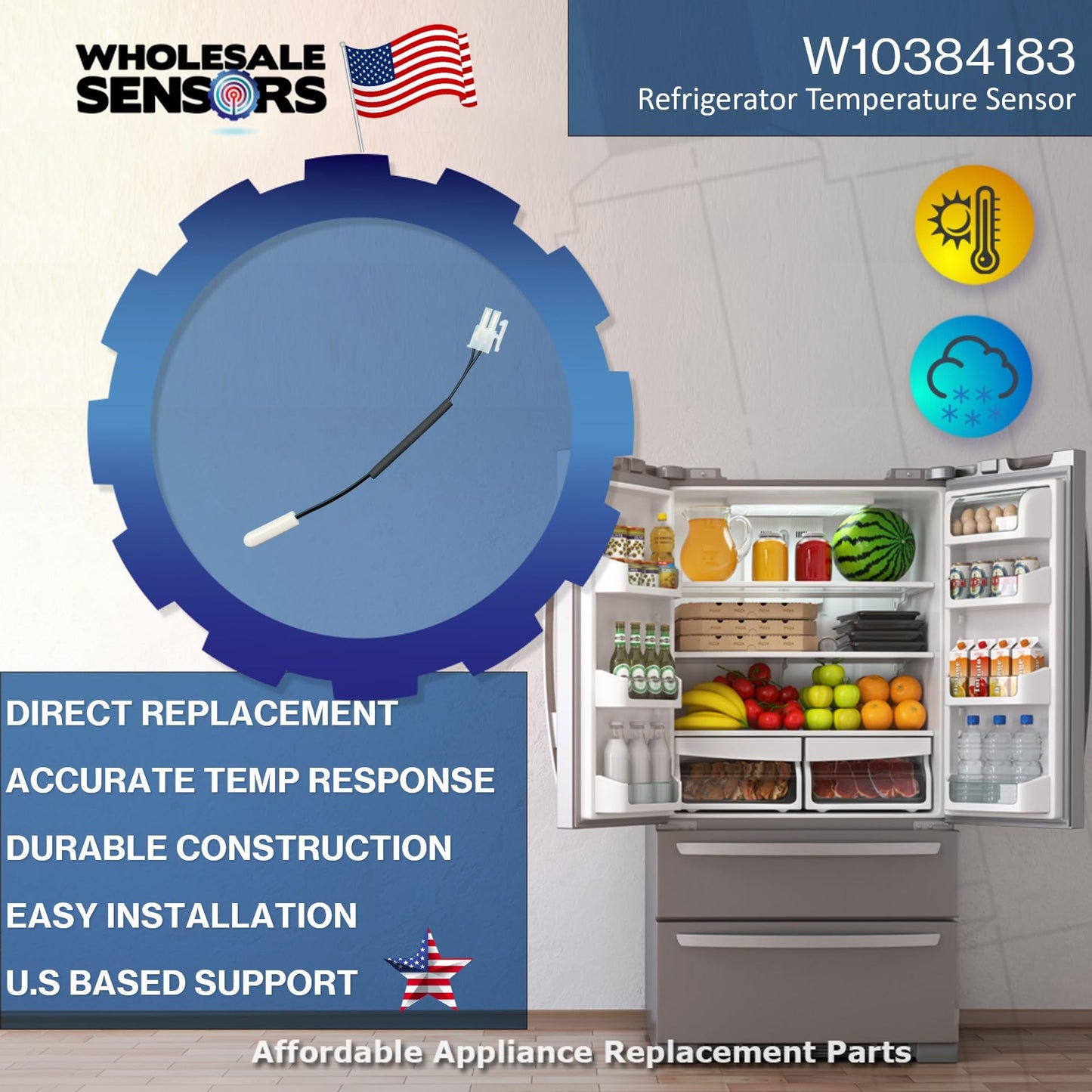 Replacement Whirlpool W10384183 WPW10384183 Refrigerator Thermistor 24 Month Warranty & USA Support